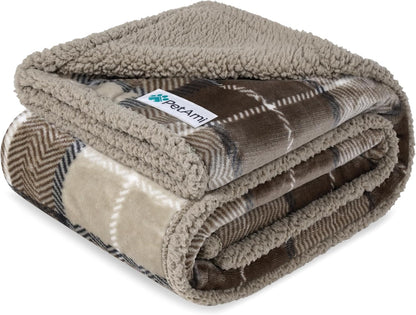 Extra Large Waterproof Dog Blanket for Couch - 80" x 60" Reversible Sherpa Fleece Pet Throw, Pee-Proof Furniture Protector for Beds, Sofas, Crates, and Kennels - Soft and Washable Cover in Plaid Taupe