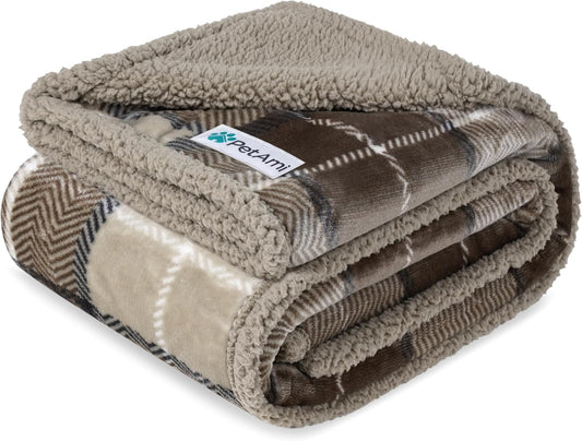 Extra Large Waterproof Dog Blanket for Couch - 80" x 60" Reversible Sherpa Fleece Pet Throw, Pee-Proof Furniture Protector for Beds, Sofas, Crates, and Kennels - Soft and Washable Cover in Plaid Taupe