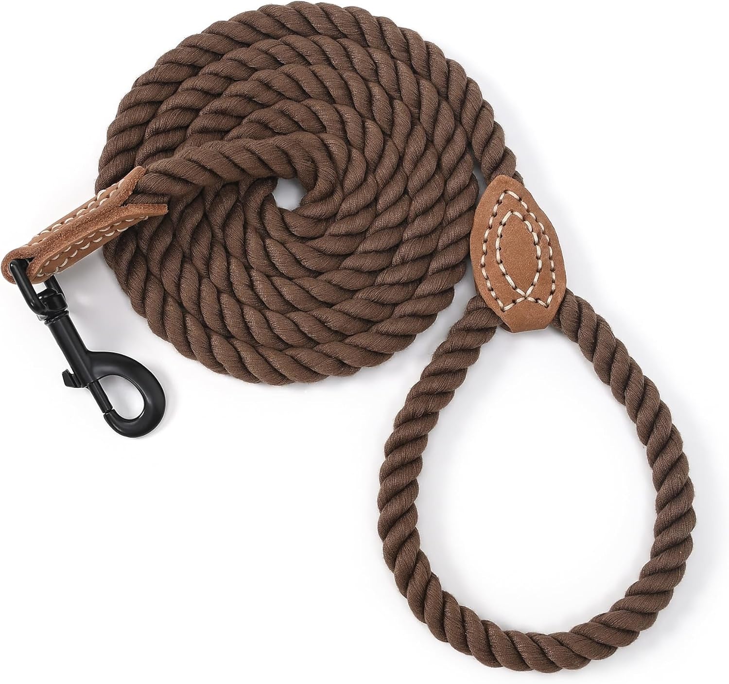 Braided Cotton Rope Dog Leash with Leather Tip - Heavy-Duty Metal Clasp, 4FT Length, 1/2" Thickness - Ideal for Weddings, Walking, and Training Small to Large Dogs (Dark Brown)
