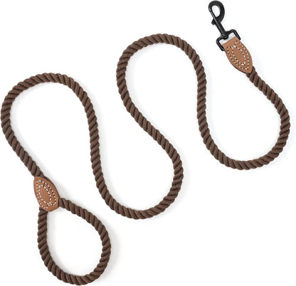 Braided Cotton Rope Dog Leash with Leather Tip - Heavy-Duty Metal Clasp, 4FT Length, 1/2" Thickness - Ideal for Weddings, Walking, and Training Small to Large Dogs (Dark Brown)