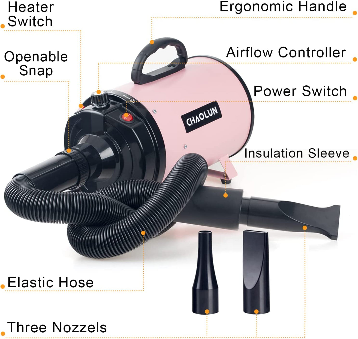 High Velocity Dog Dryer for Pet Grooming with Heater, Adjustable Speed, 3 Nozzles, and Comb - Pink