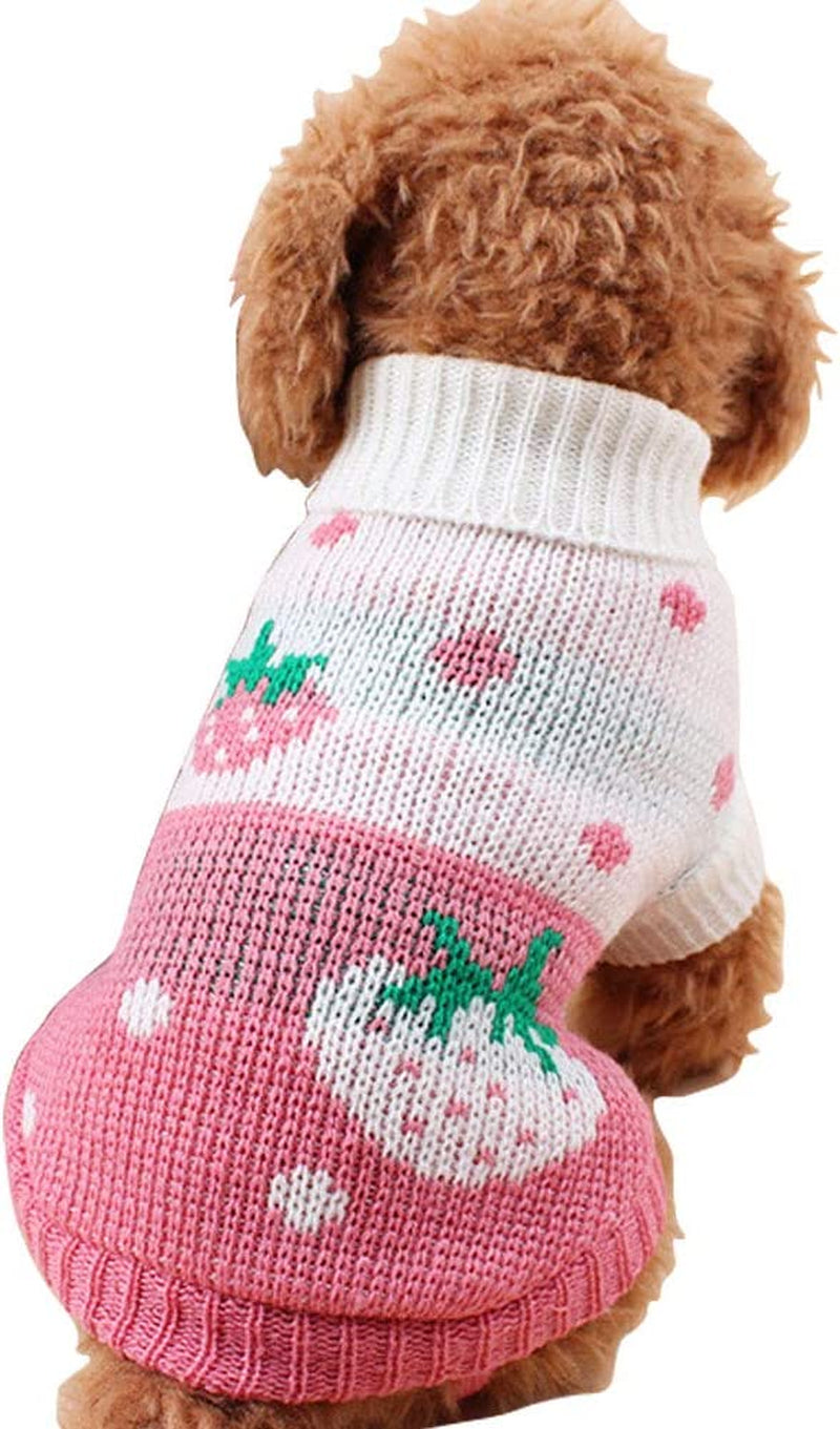 Classic Knit Turtleneck Dog Sweater for Winter - Cute Strawberry and Heart Design (Pink, Small)