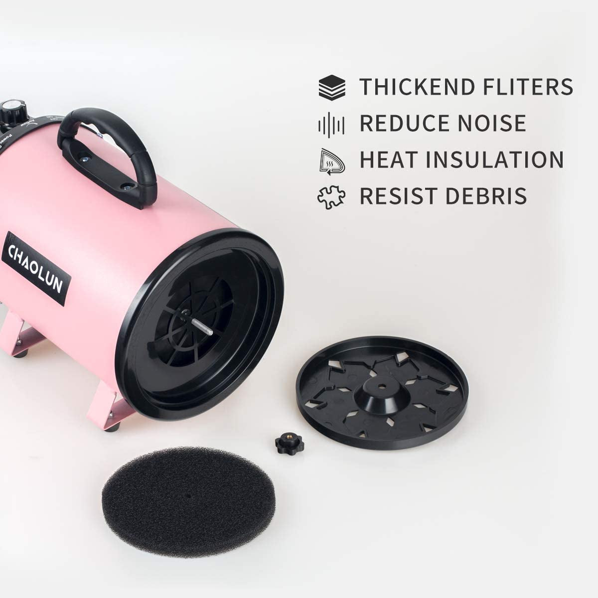 High Velocity Dog Dryer for Pet Grooming with Heater, Adjustable Speed, 3 Nozzles, and Comb - Pink