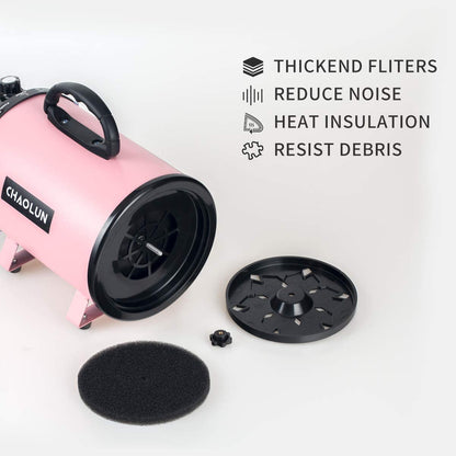 High Velocity Dog Dryer for Pet Grooming with Heater, Adjustable Speed, 3 Nozzles, and Comb - Pink