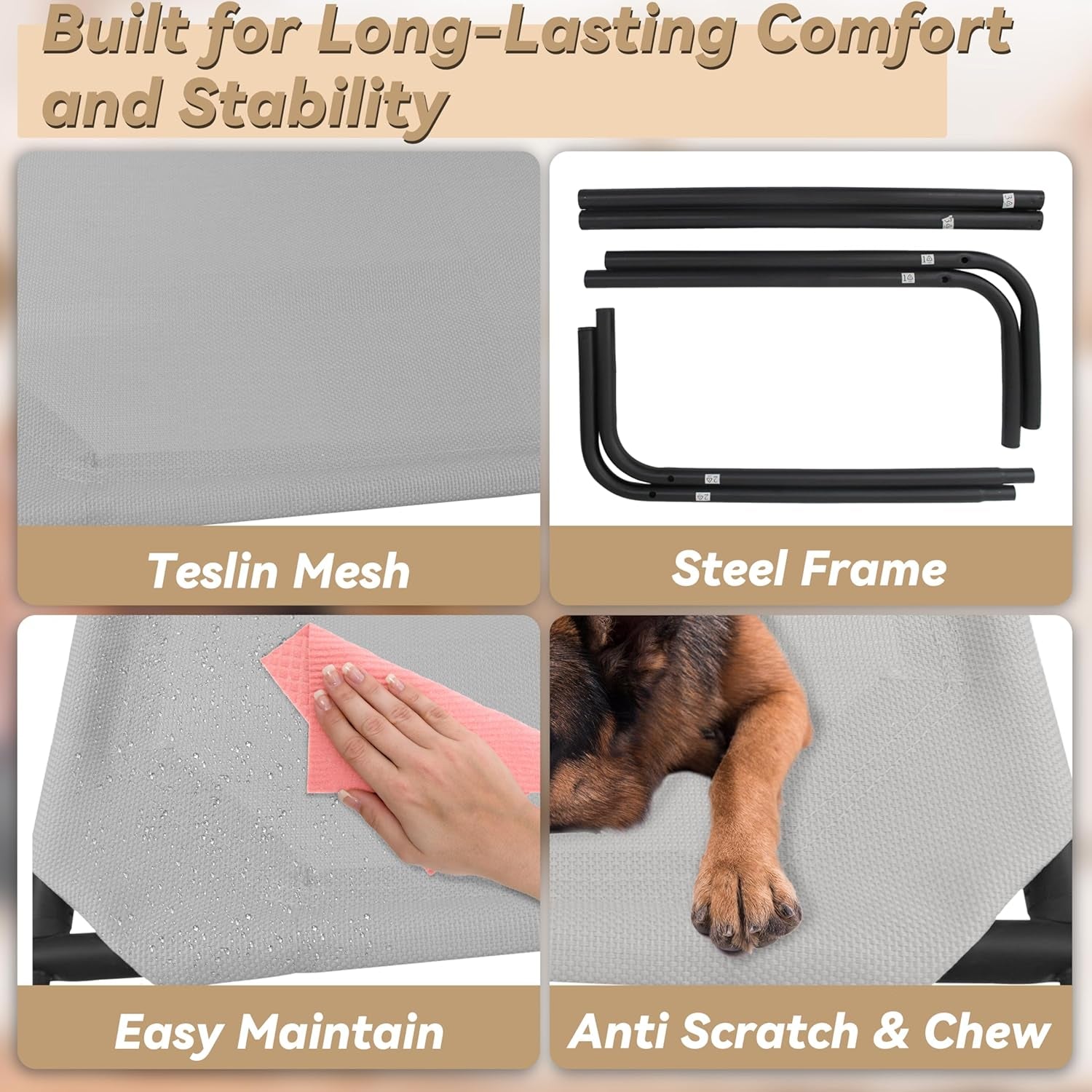 Heavy-Duty Steel-Framed Portable Elevated Pet Bed - Cooling Cot for Pets, 43.5" L x 25.5" W x 7.8" H (Medium, Grey)