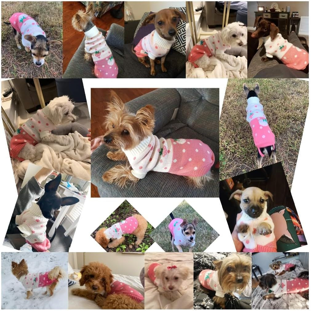 Classic Knit Turtleneck Dog Sweater for Winter - Cute Strawberry and Heart Design (Pink, Small)