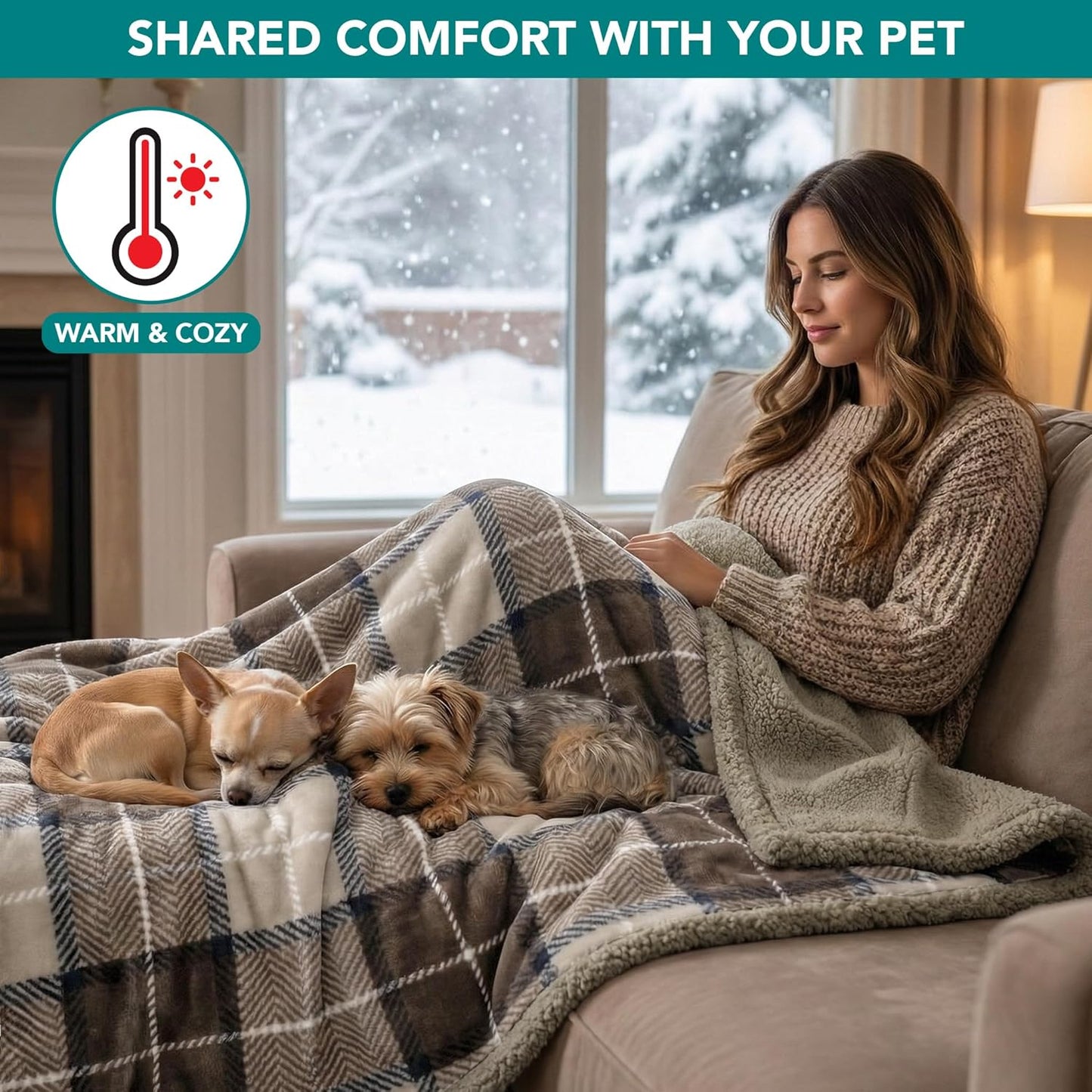 Extra Large Waterproof Dog Blanket for Couch - 80" x 60" Reversible Sherpa Fleece Pet Throw, Pee-Proof Furniture Protector for Beds, Sofas, Crates, and Kennels - Soft and Washable Cover in Plaid Taupe