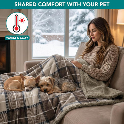 Extra Large Waterproof Dog Blanket for Couch - 80" x 60" Reversible Sherpa Fleece Pet Throw, Pee-Proof Furniture Protector for Beds, Sofas, Crates, and Kennels - Soft and Washable Cover in Plaid Taupe