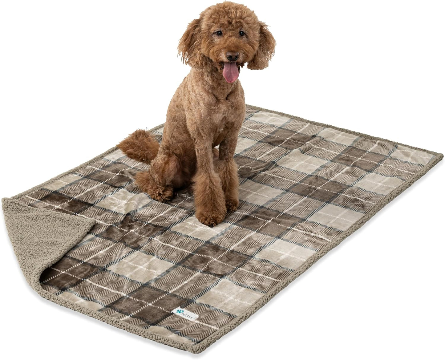 Extra Large Waterproof Dog Blanket for Couch - 80" x 60" Reversible Sherpa Fleece Pet Throw, Pee-Proof Furniture Protector for Beds, Sofas, Crates, and Kennels - Soft and Washable Cover in Plaid Taupe