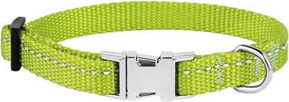 Adjustable Nylon Reflective Dog Collar for Small Breeds with Metal Buckle - Available in Black, Pink, Mint Green, Lime, Orange, Red, Purple, and Blue (Neck Size 7"-11", Lime Green)