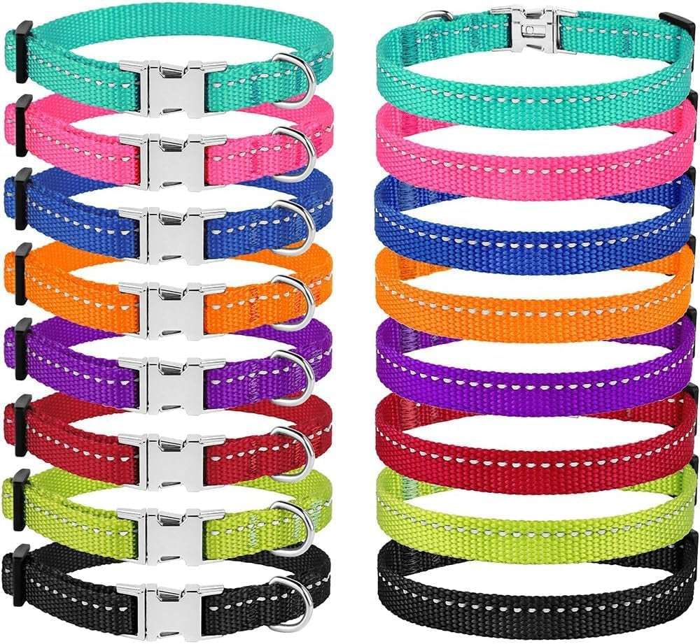 Adjustable Nylon Reflective Dog Collar for Small Breeds with Metal Buckle - Available in Black, Pink, Mint Green, Lime, Orange, Red, Purple, and Blue (Neck Size 7"-11", Lime Green)