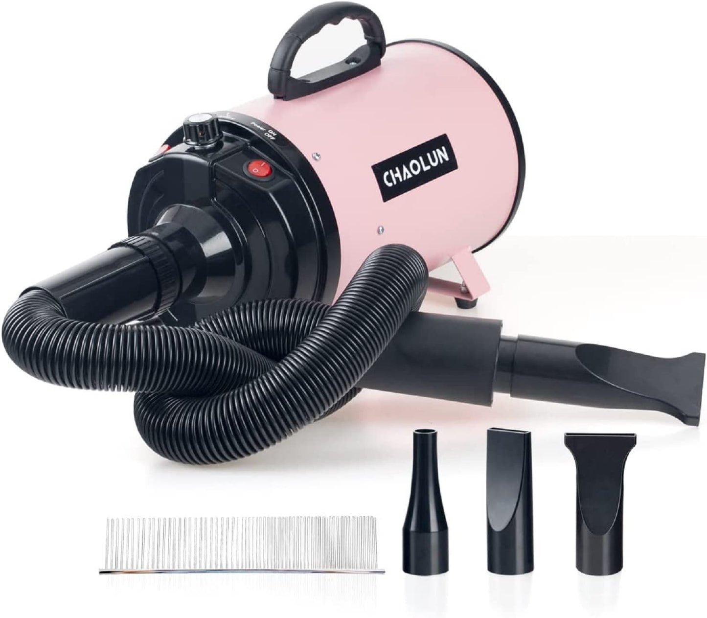 High Velocity Dog Dryer for Pet Grooming with Heater, Adjustable Speed, 3 Nozzles, and Comb - Pink