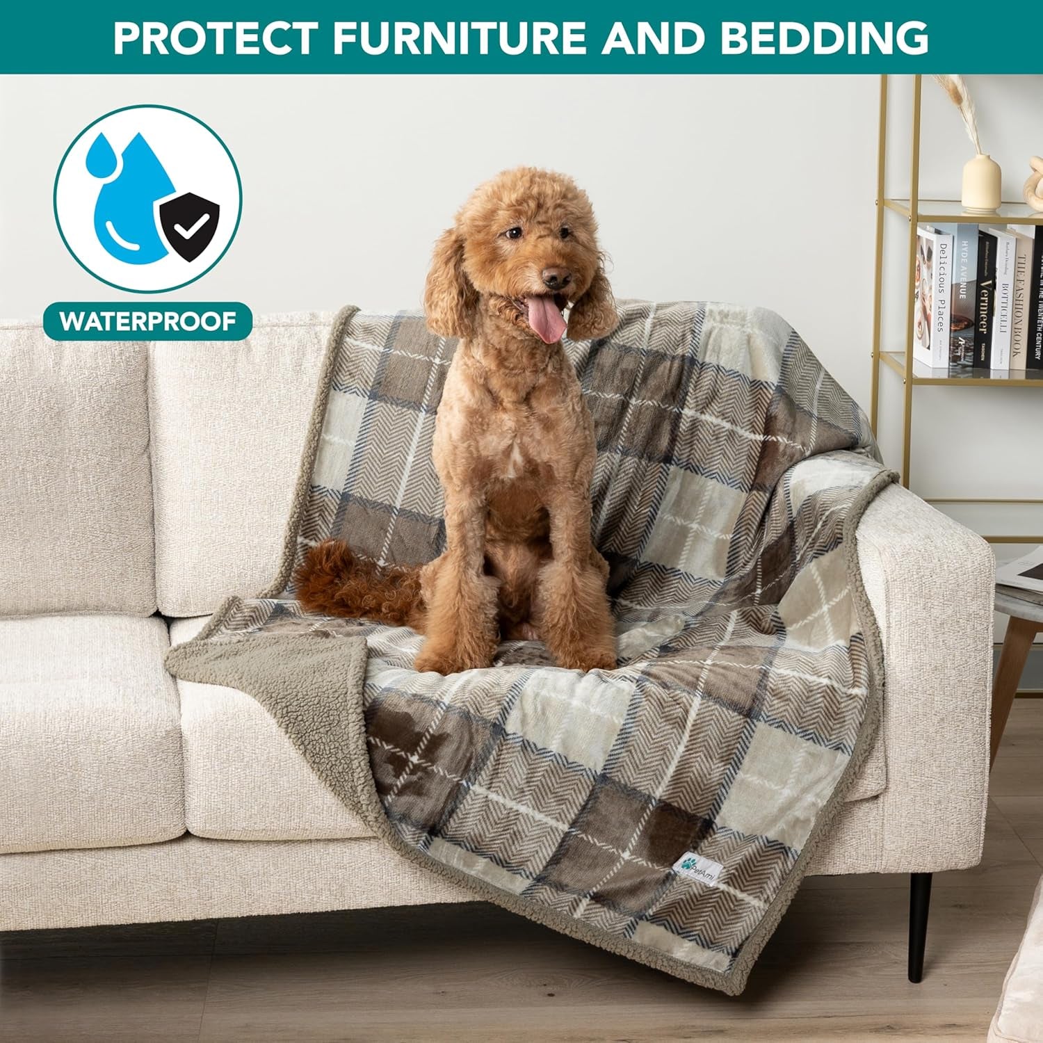 Extra Large Waterproof Dog Blanket for Couch - 80" x 60" Reversible Sherpa Fleece Pet Throw, Pee-Proof Furniture Protector for Beds, Sofas, Crates, and Kennels - Soft and Washable Cover in Plaid Taupe