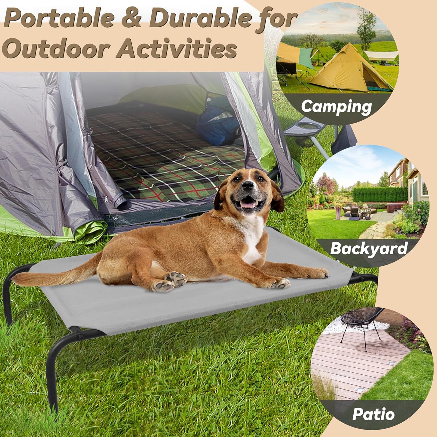 Heavy-Duty Steel-Framed Portable Elevated Pet Bed - Cooling Cot for Pets, 43.5" L x 25.5" W x 7.8" H (Medium, Grey)