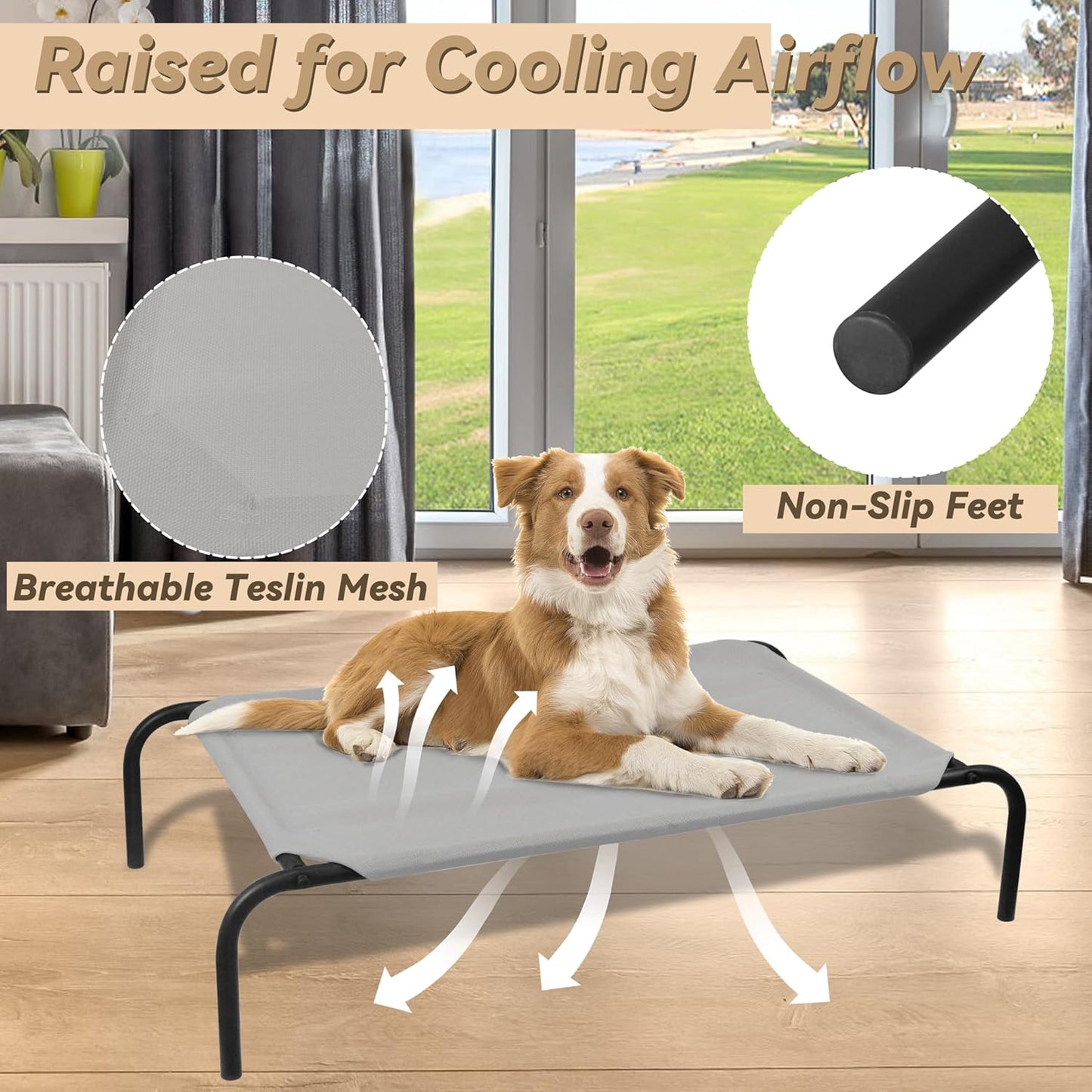 Heavy-Duty Steel-Framed Portable Elevated Pet Bed - Cooling Cot for Pets, 43.5" L x 25.5" W x 7.8" H (Medium, Grey)