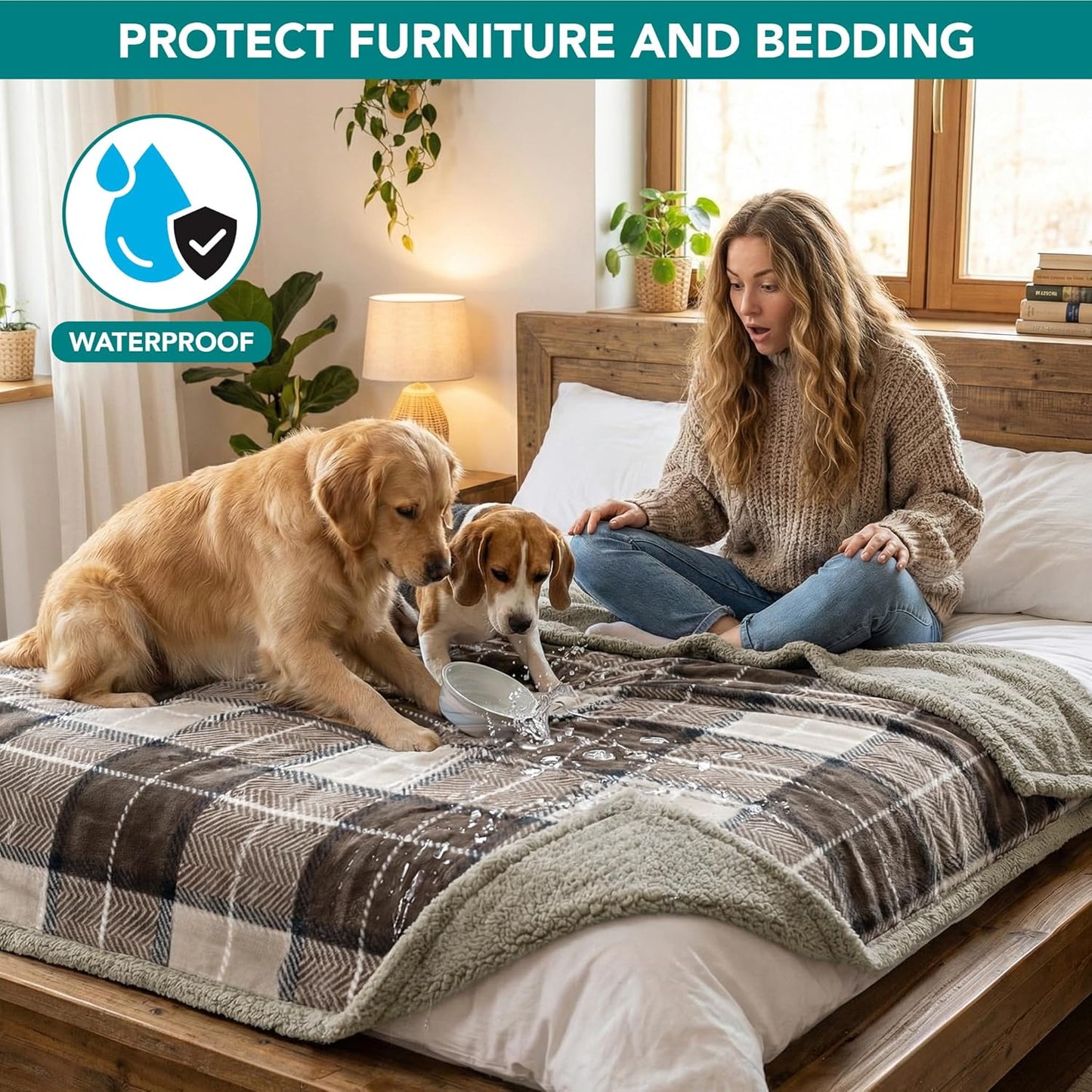 Extra Large Waterproof Dog Blanket for Couch - 80" x 60" Reversible Sherpa Fleece Pet Throw, Pee-Proof Furniture Protector for Beds, Sofas, Crates, and Kennels - Soft and Washable Cover in Plaid Taupe