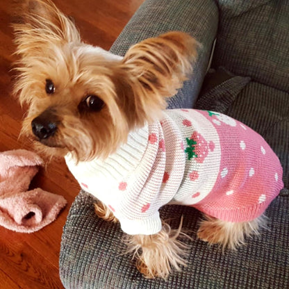 Classic Knit Turtleneck Dog Sweater for Winter - Cute Strawberry and Heart Design (Pink, Small)