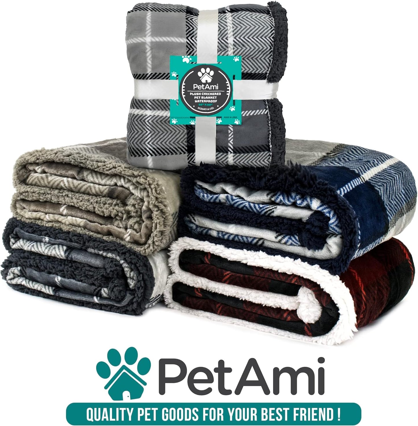Extra Large Waterproof Dog Blanket for Couch - 80" x 60" Reversible Sherpa Fleece Pet Throw, Pee-Proof Furniture Protector for Beds, Sofas, Crates, and Kennels - Soft and Washable Cover in Plaid Taupe