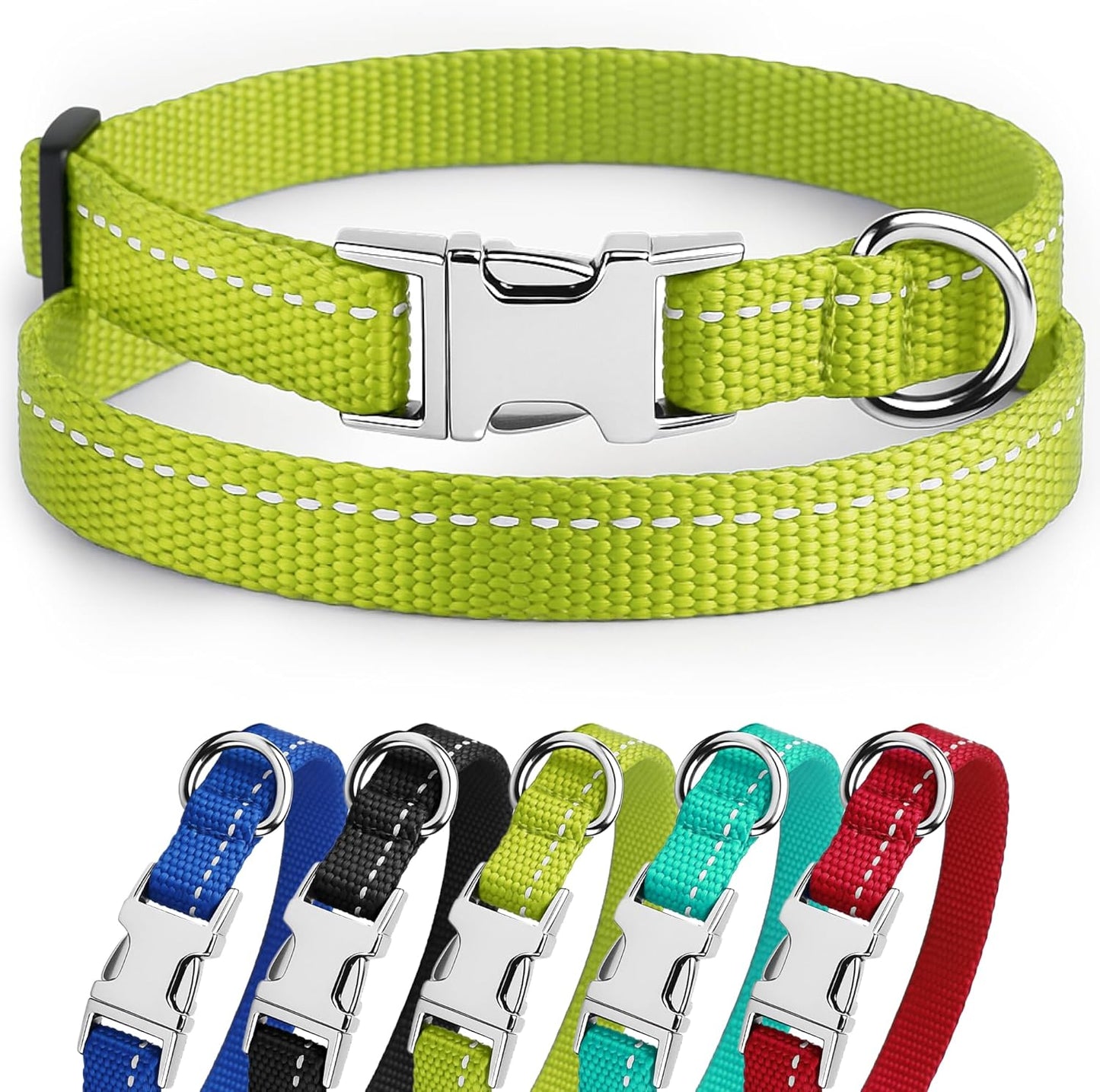 Adjustable Nylon Reflective Dog Collar for Small Breeds with Metal Buckle - Available in Black, Pink, Mint Green, Lime, Orange, Red, Purple, and Blue (Neck Size 7"-11", Lime Green)