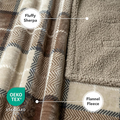 Extra Large Waterproof Dog Blanket for Couch - 80" x 60" Reversible Sherpa Fleece Pet Throw, Pee-Proof Furniture Protector for Beds, Sofas, Crates, and Kennels - Soft and Washable Cover in Plaid Taupe
